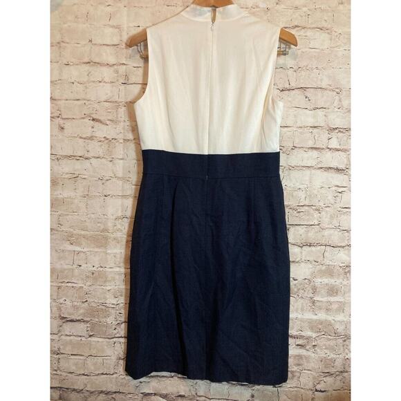 Antonio Melania Dress Womens 10 White & Navy Sheath Colorblock Ruffle Neck Work - Picture 3 of 14